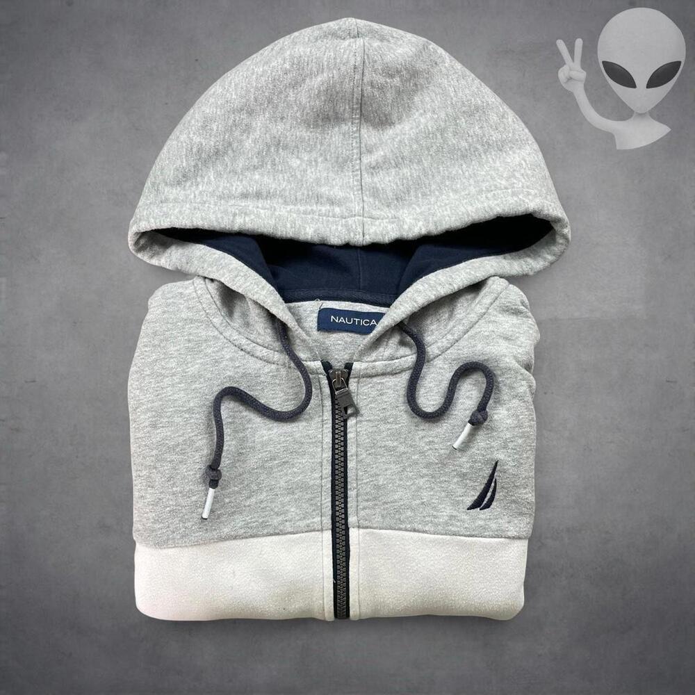 Nautica Men Small Gray White Navy Colorblock Full Zip Hoodie J Class Sailboat - Picture 7 of 7